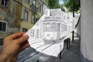 2D/3D hybrid graphic design for 2022 picture of a trolley in both pencil and photograph combined